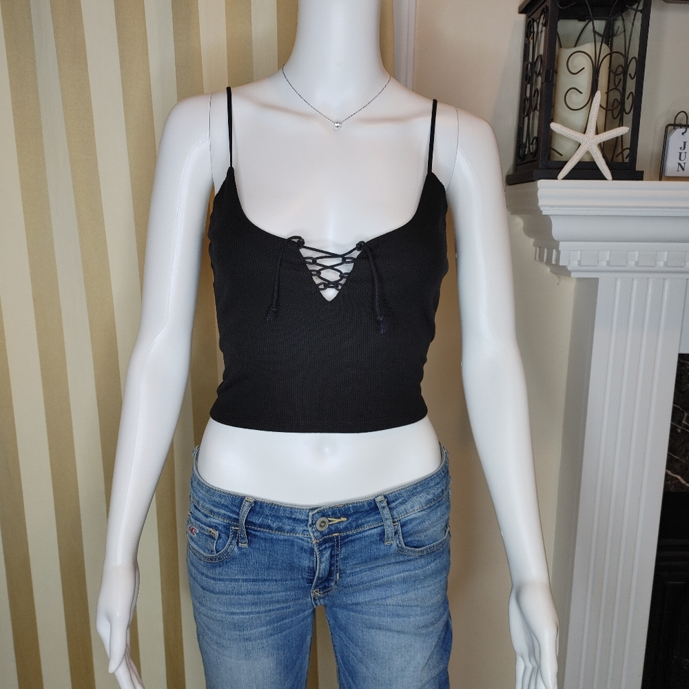 FOREVER 21 Y2K 90'S RIBBED CROPPED LACE-UP TANK, BLACK L - Picture 4 of 10